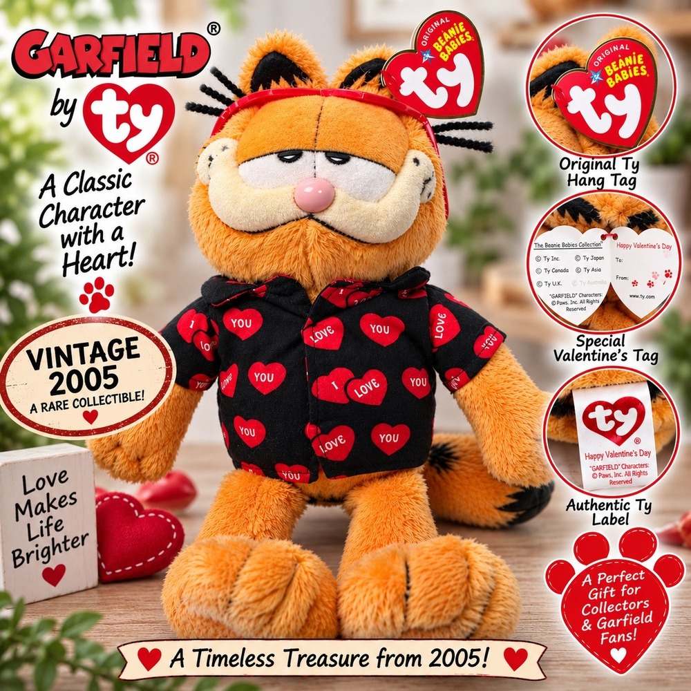 Vintage 2005 Ty Beanie Babies Garfield Valentine Heart Shirt Plush Toy Rare